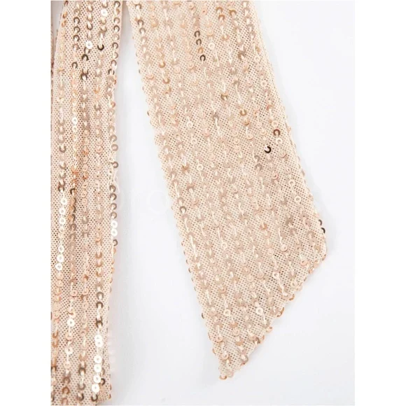 Gold Sequins on Beige V-Neck Surplice Long Sleeve Belted Mini Dress Short - Picture 10 of 11